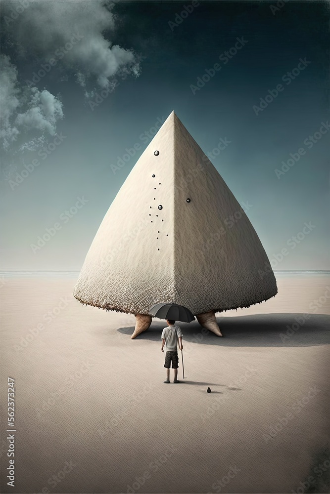Aufkleber a man holding an umbrella standing in front of a large white object with a large hole in it's center