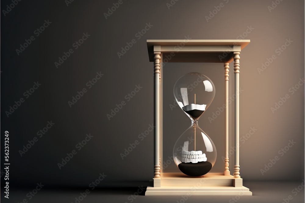 Poster an hourglass with a sand glass inside of it on a table top with a dark background and a shadow of a 
