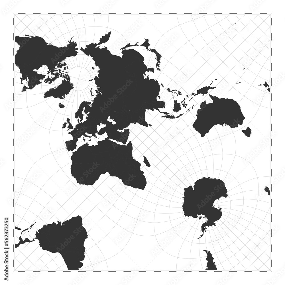 Poster vector world map in peirce quincuncial projection. a plain geographical map with latitude and longit