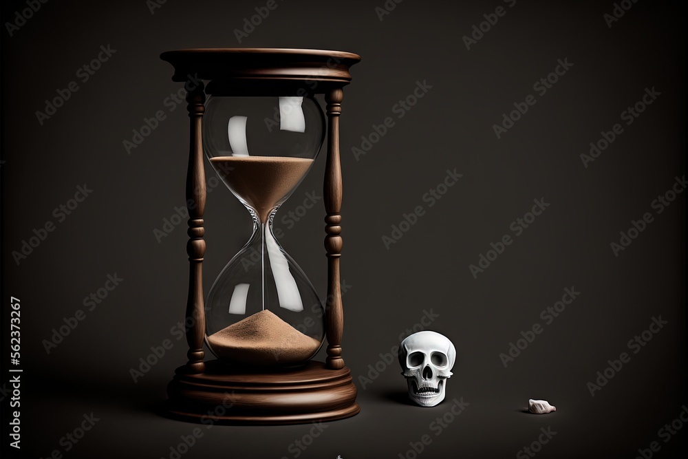 Poster a skull is next to a hourglass with sand in it and a skull is next to it on a black background with 