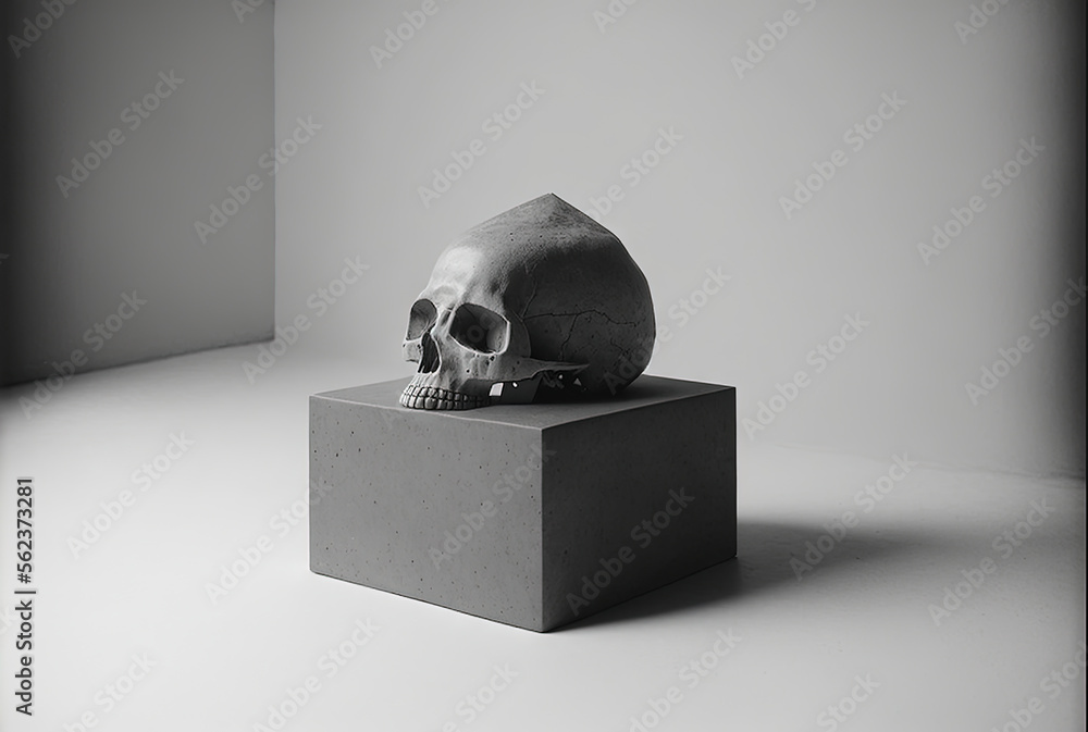 Aufkleber a black and white photo of a skull on a block of concrete in a room with a window behind it and a wa