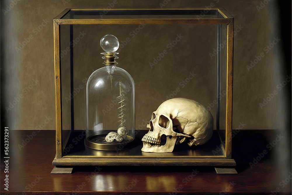 Poster a skull and a glass bottle on a table with a wooden frame and a glass dome on top of it with a skele