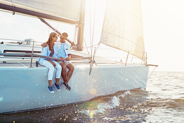 Happy couple, ship and cruise for hug, ocean or summer sunshine for love, romance or outdoor adventure. Man, yacht and woman with waves, bonding or peace for luxury, lifestyle and travel for holiday