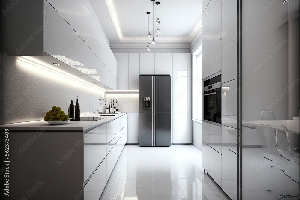 Poster a kitchen with a refrigerator and a sink in it's center island and a counter with a bowl of fruit on