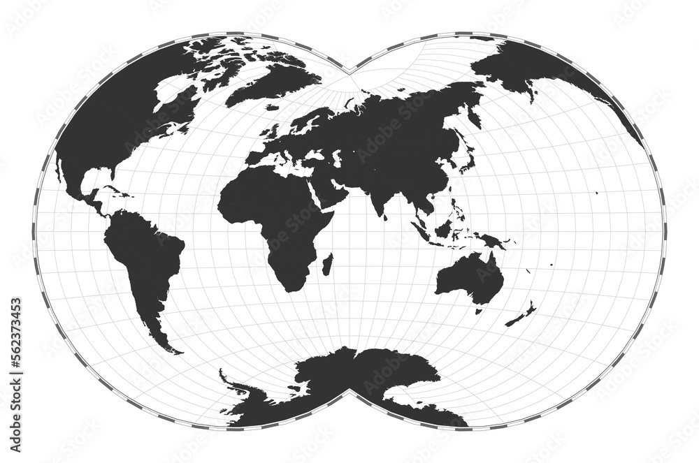 Poster vector world map in van der grinten iv projection. a plain geographical map with latitude and longit