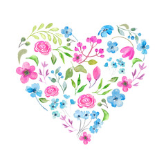 Obraz na płótnie Canvas Heart made of watercolor colorful floral. Greeting card. Hand drawn illustration isolated on white background. For packaging, wrapping design, wedding or print.