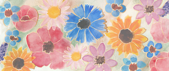 Botanical art wallpaper with flowers and leaves. Modern creative design watercolor texture for home decor, banners, and prints. Vector illustration.