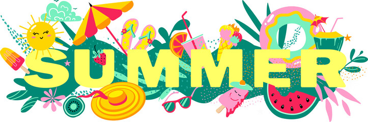 Summer mood banner template. Summer banner with elements such as sun, fruits, ice cream, umbrella, beach shoes and palm leaves.