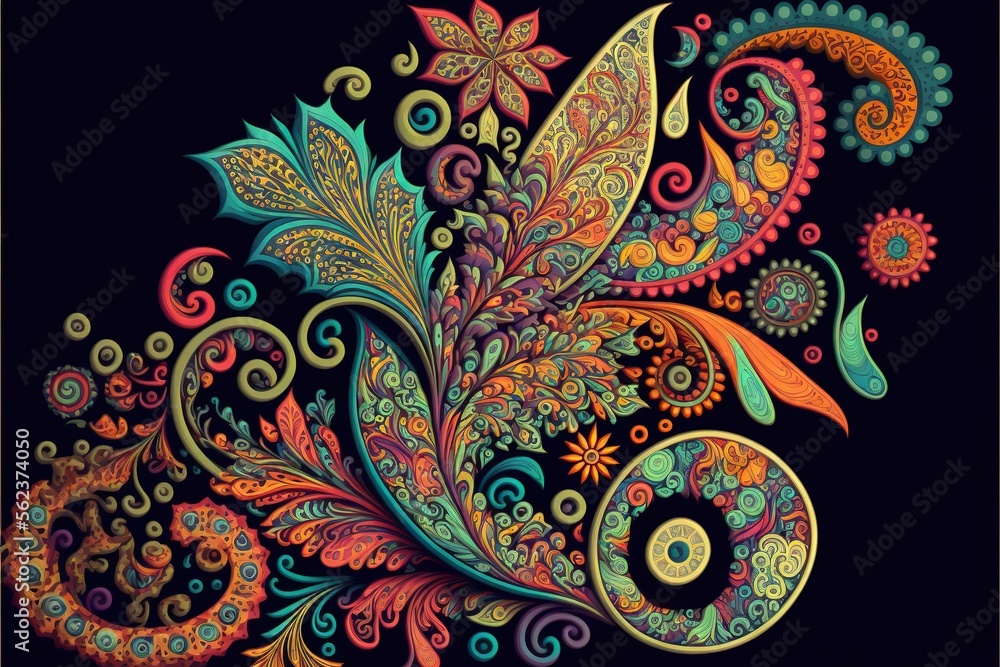 Poster a colorful paisley design on a black background with a black background and a white border with a bl