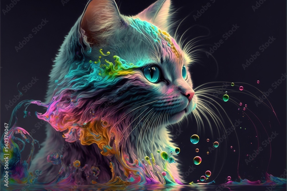 Poster  a cat with a lot of bubbles on its face and eyes, sitting in water with a black background and a black background with a blue border around the image of a cat with a., generative ai