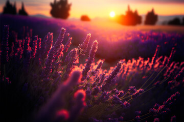 Sunset over a violet lavender field. Purple lavender flowers close up with orange sunset on background, Generative AI. Summer, aromatherapy, parfume or agriculture banner background.