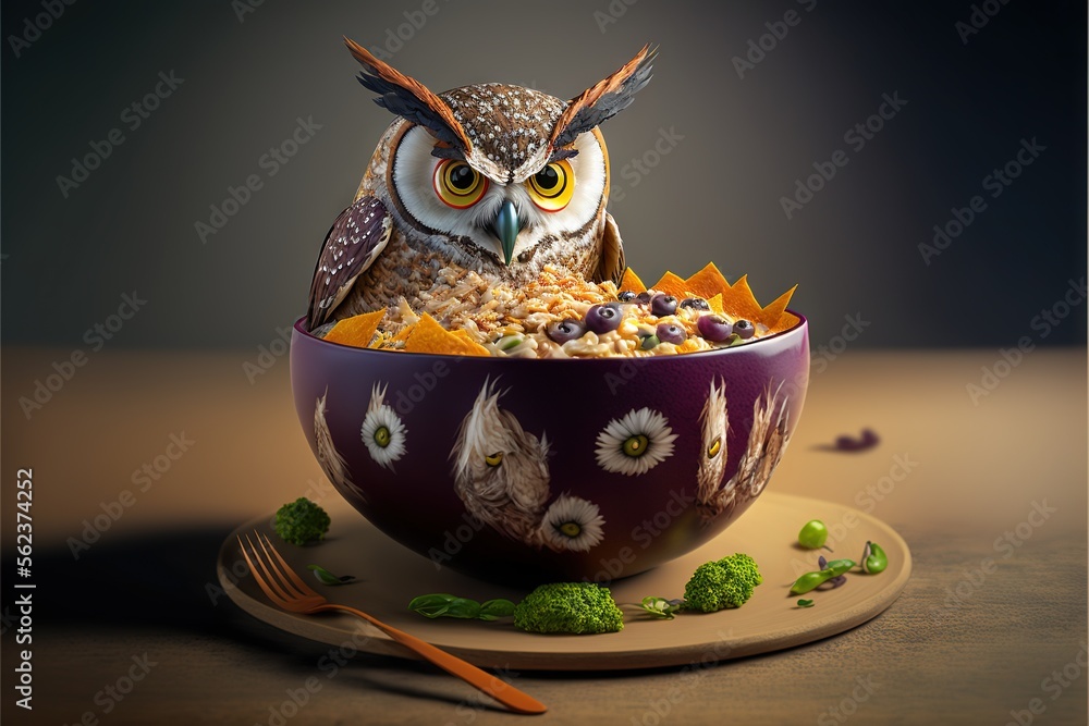 Poster an owl is sitting in a bowl of cereal with a fork and spoon in front of it, with a plate of cereal a