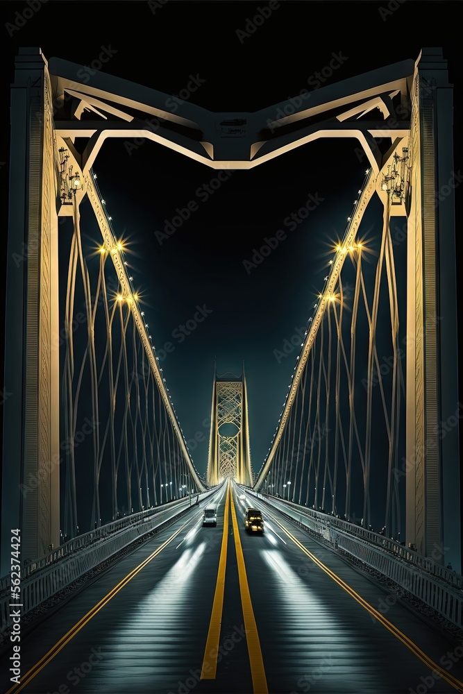 Poster a car driving across a bridge at night time with lights on it's sides and a bridge in the background