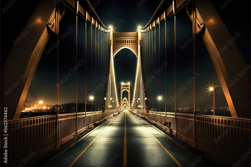 Poster a bridge with lights on at night time with a dark sky background and a long walkway leading to the t