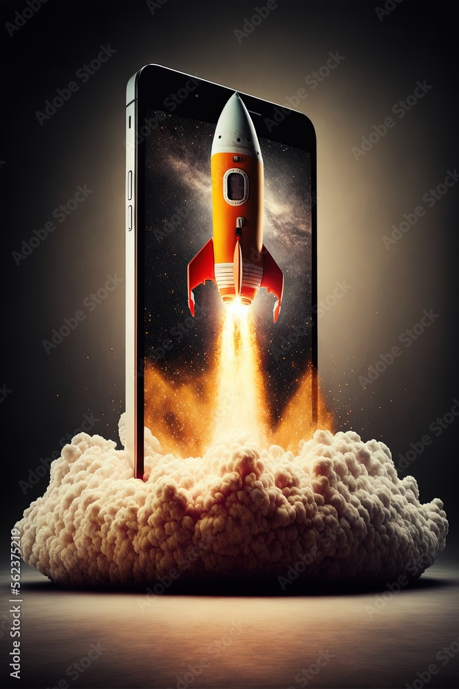 Poster a phone with a rocket on it flying through the air with clouds around it and a rocket in the back of