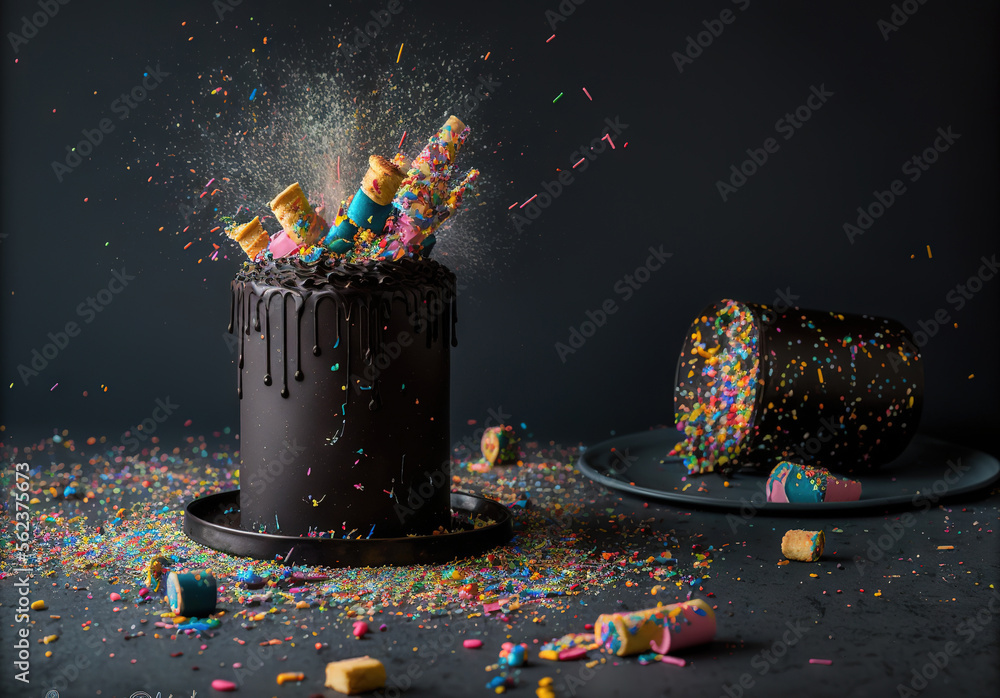 Poster a cake with sprinkles and a slice missing from it on a plate with a black background and a black bac