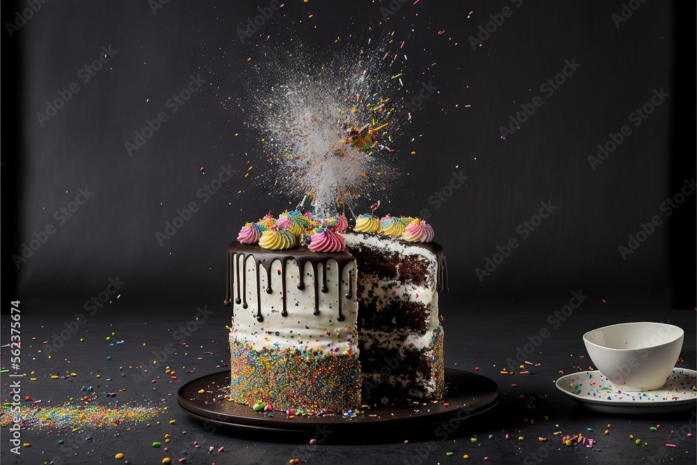 Aufkleber a cake with sprinkles and a cup of coffee on a table with confetti and sprinkles on it and a black b