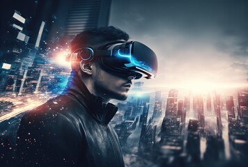 illustration of a handsome man wearing VR headset with cyber theme light glow and neon light trail, background with future cityscape	 Generative Ai