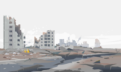 Destroyed city concept landscape background illustration, building between the ruins and concrete after earthquake with large cracks around, destruction panorama of residential neighborhood