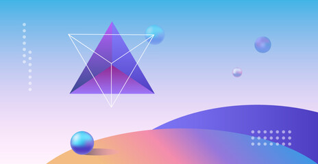 Abstract planets on a background of wireframe geometric shapes. Abstract drawing of the future, science fiction and astronomy.