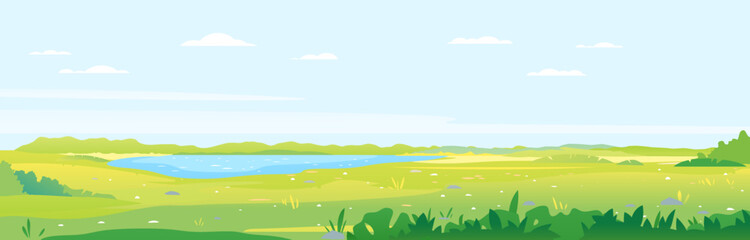 Fototapeta na wymiar Green grass field with plants and lake in valley, summer walk in the nature, fields background in summer day with green grass, summer sunny glades illustration