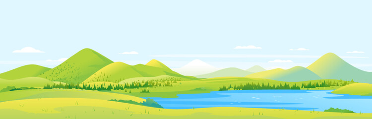 Fototapeta na wymiar Big panorama of fields and meadows with spruce forest around mountain lake in valley, summer countryside with green hills and river, summer sunny glades illustration