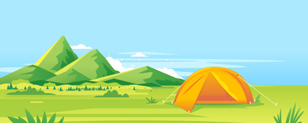 Modern oval orange tourist tent standing on green grass near the high mountains in sunny day, camping travel concept illustration background
