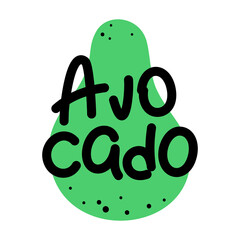 Avocado doodle calligraphy. Handwritten inscription. Vector logo lettering on a green avocado silhouette