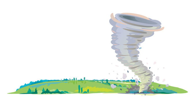 Tornado with spiral twists standing on the green field with plants, the power of nature concept illustration