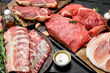 Raw meat. Different kinds of pork and beef meat.