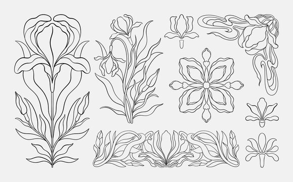 Floral iris set in art nouveau 1920-1930. Hand drawn in a linear style with weaves of lines, leaves and flowers.