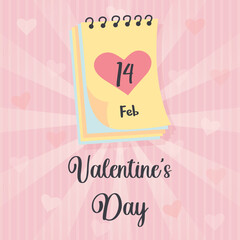 Valentines Day Paper Calendar. 14 February date. Pink vintage sunbeam background with hearts. Valentines day greeting card.