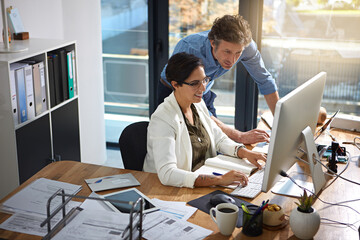 Collaboration, teamwork and idea with business people at computer for digital marketing, web design...