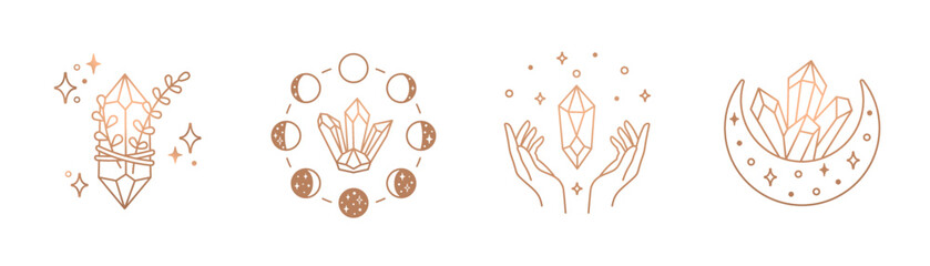 Moon crystal, line art vector logo. Boho crystal with Phases of moon