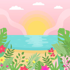 Fototapeta na wymiar Summer exotic seascape with sunset and tropical flowers and plants. Cartoon flat panoramic landscape background.