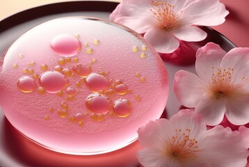 Obraz na płótnie Canvas close up beautiful pink cherry blossom Raindrop cake, Raindrop soft jelly with cherry flowers, idea for summer or spring season dessert, Valentine's day theme dessert. Generative Ai