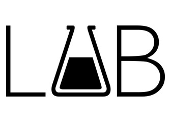 Logo laboratorio de investigación de ciencias químicas. Icono cristalería de laboratorio. Palabra LAB con botella como letra A