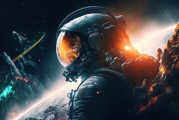 close up astronaut with universe gradient color sky as background idea for sci-fi theme background or wallpaper - obrazy, fototapety, plakaty
