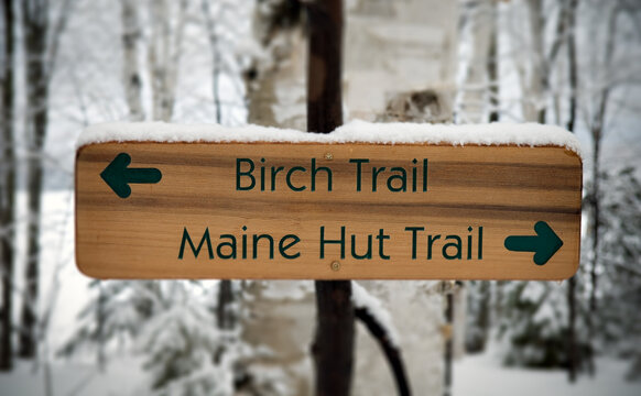 A wooden sign hangs on a tree and points the way toward specific trails at Maine Huts and Trails. Maine, New England.