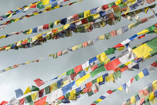 Low angle view of prayer flags at Swayambhunath temple, Kathmandu, Nepal