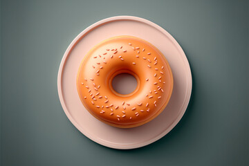 Donut, orange glazed in a plate, isolated on green, top view. AI generative