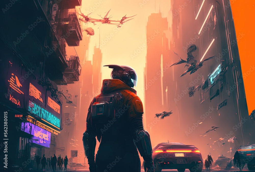Wall mural an astronaut in spacesuit stand in front of big building background, idea for sci-fi cyber punk them