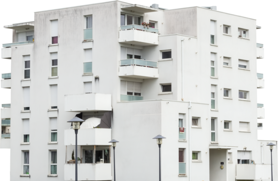 Isolated PNG cutout of a residential building on a transparent background, ideal for photobashing, matte-painting, concept art