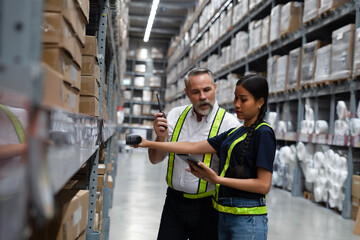 Warehouse manager coaching new employee to find shipment from online inventory system and using scanner to scan barcode to check real time stock balancing. Online stock application for worker