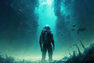 Naklejka na ściany i meble anime style illustration of a man in wet diving suit, standing under water in front of a stone pillar the entrance to unknown place, wreck ship, Generative Ai