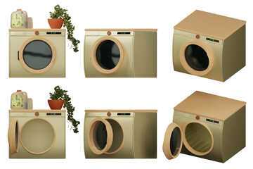 laundry room with a washing machine, detergent and a flower pot - 3d render on a transparent background