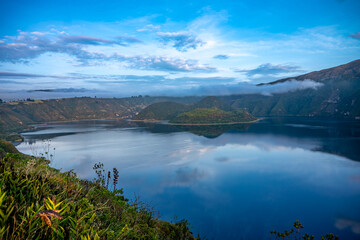 Obraz premium Cuicocha crater lake at the foot of Cotacachi Volcano in the Ecuadorian Andes.