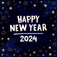 Fototapeta premium Happy New Year 2024. Festive blue banner of bright color with a stylized inscription, stars and blue fir branches. Vector illustration.