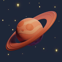 planet with rings among stars - 3d render illustration on purple background