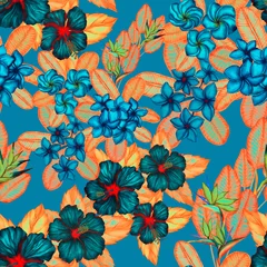 Türaufkleber Watercolor seamless pattern with tropical flowers. Beautiful allover print with hand drawn exotic plants. Swimwear botanical design.  © Natallia Novik